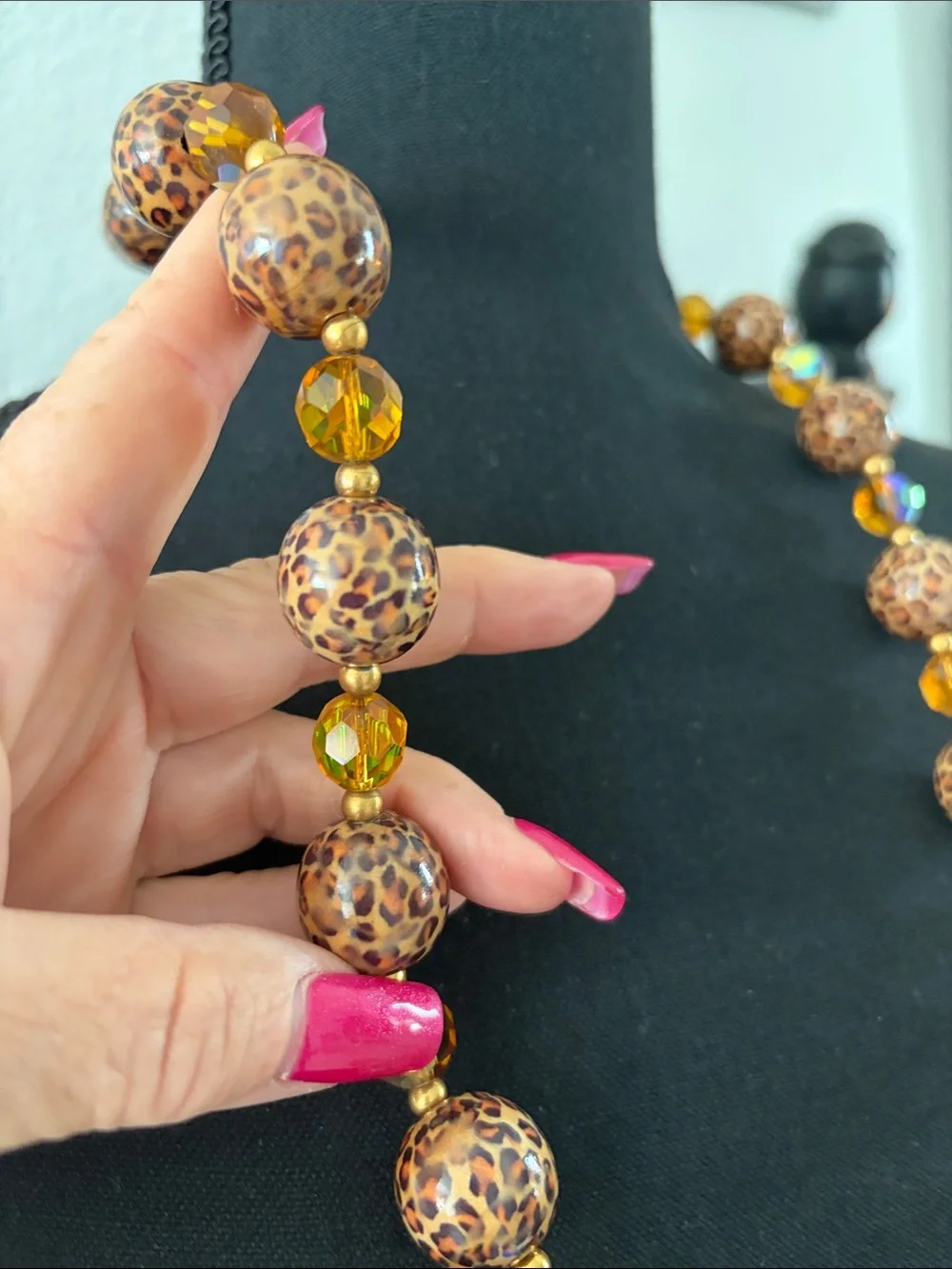 Joan Rivers Leopard Print Bead Necklace in Amber and Iridescent